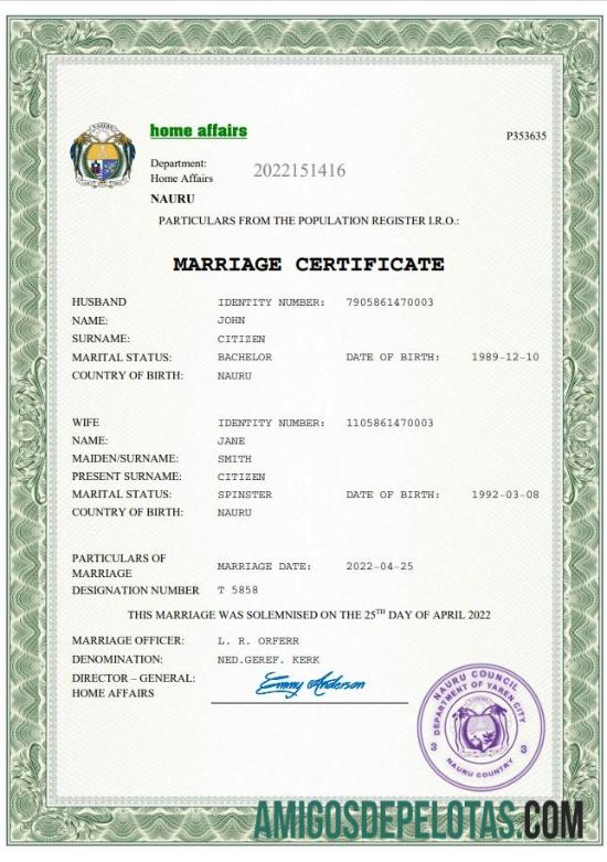 Realista modelo Word e PDF de certidão de casamento de Nauru